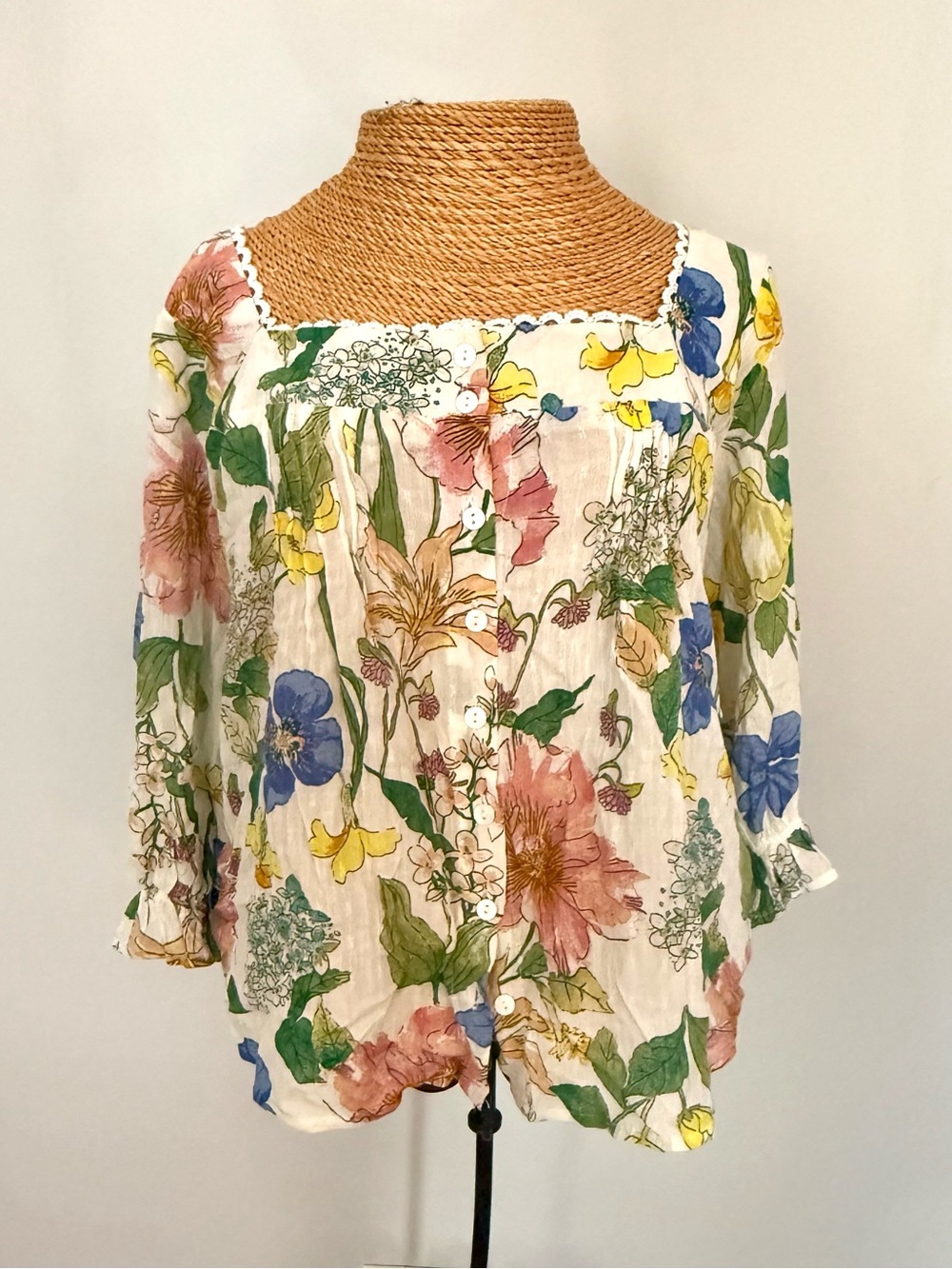 Laura Ashley Cream Floral Square-Neck Tunic with Multicolor Blooms